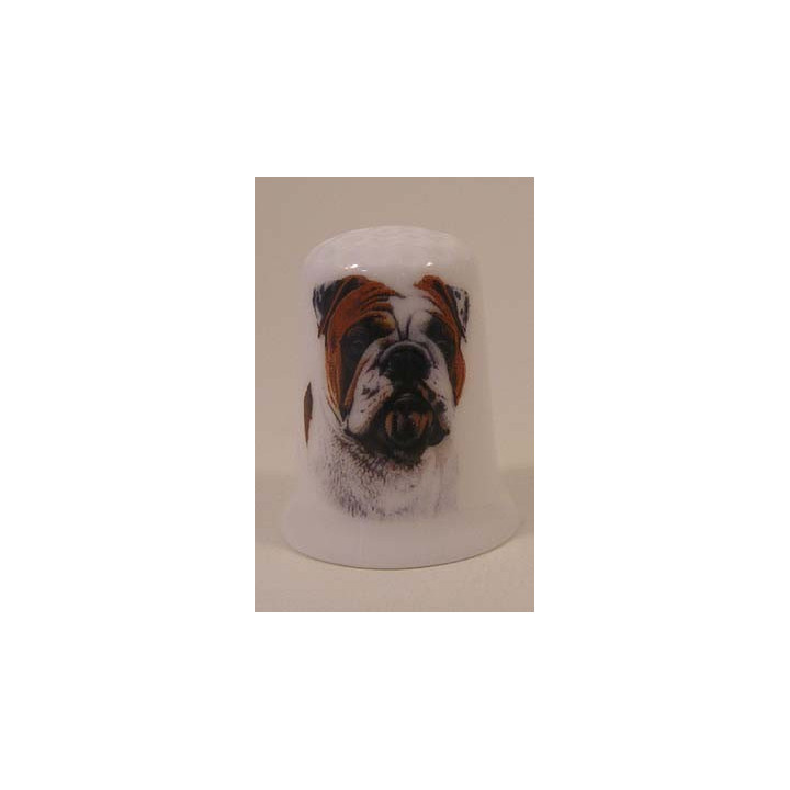 Bulldog hond op een porselein vingerhoedje
