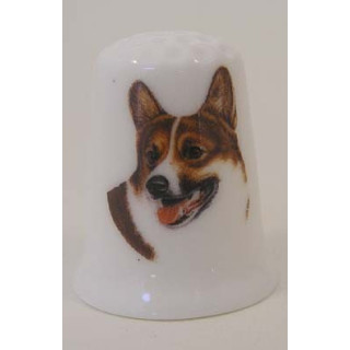 Corgi hond op een porselein vingerhoedje