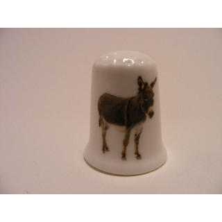 Ezel staand op een foto op een porselein vingerhoedje