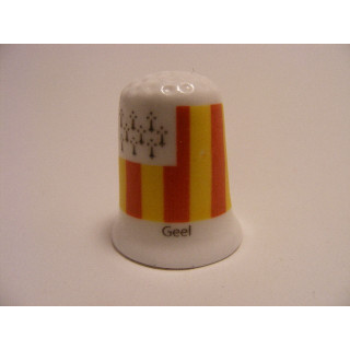 Geel vlag Belgie op een porselein vingerhoedje