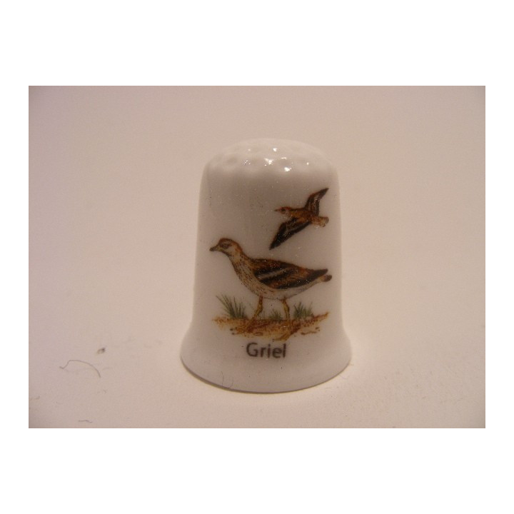 Griel vogel Burhinus oedicnemus op een porselein vingerhoedje