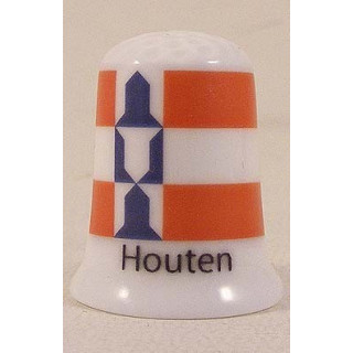 Houten Nederlandse gemeentevlag op een porselein vingerhoedje