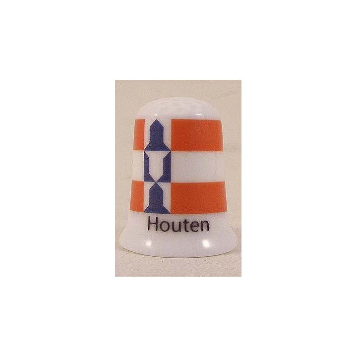 Houten Nederlandse gemeentevlag op een porselein vingerhoedje