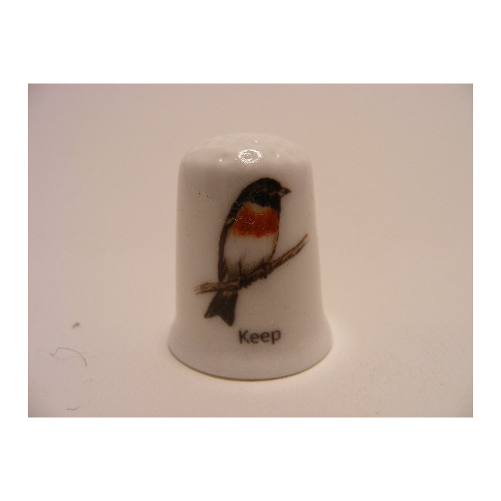 Keep zangvogel Fringilla montifringilla op een porselein vingerhoedje