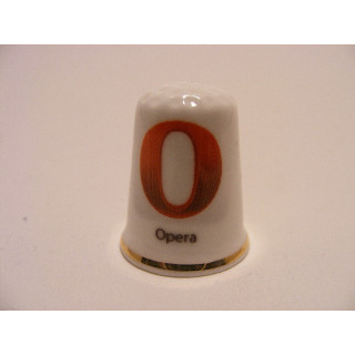 Linux Opera logo op een porselein vingerhoedje met goud randje