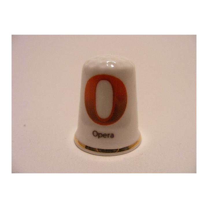 Linux Opera logo op een porselein vingerhoedje met goud randje