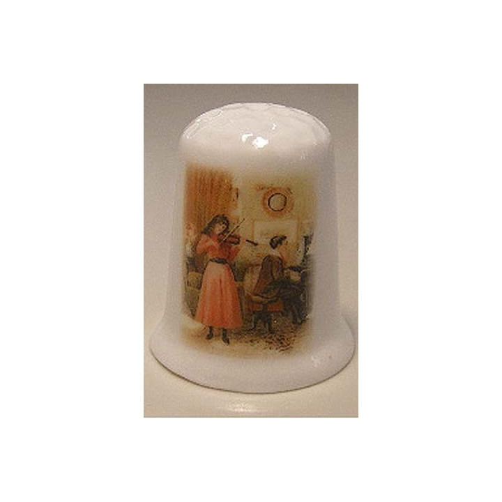 Meisje speelt viool op een porselein vingerhoedje