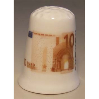 Nederlandse 10 euro op een porselein vingerhoedje