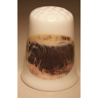 Nijlpaard in het gras op een porselein vingerhoedje