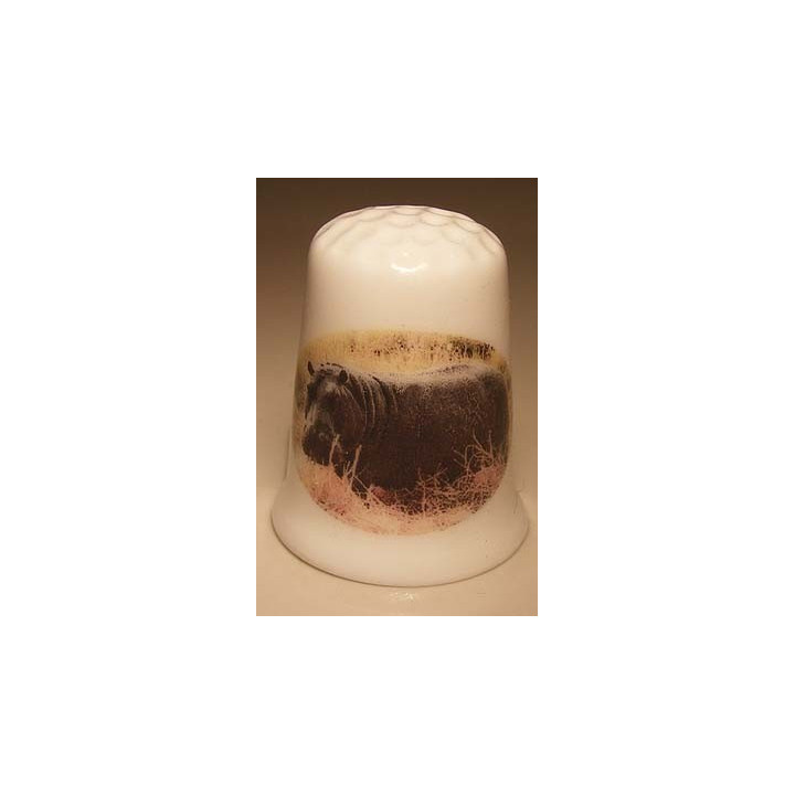 Nijlpaard in het gras op een porselein vingerhoedje