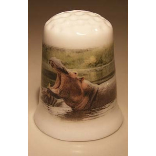 Nijlpaard met bek open op een porselein vingerhoedje