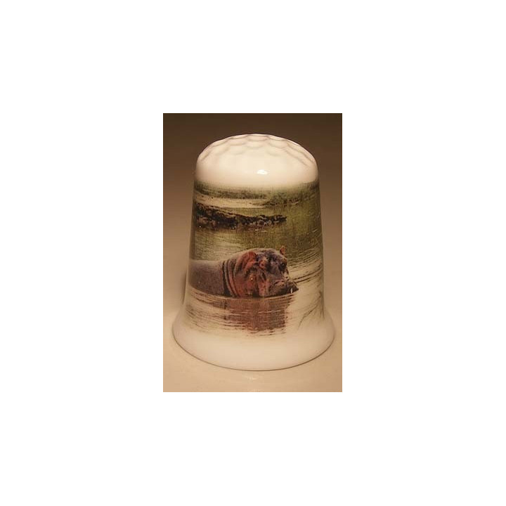 Nijlpaard staand in het water op een porselein vingerhoedje