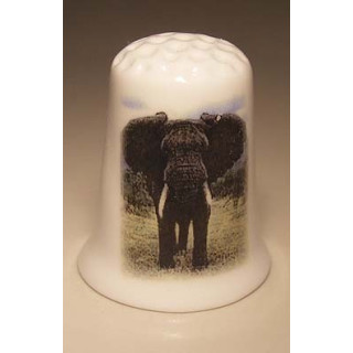 Olifant kijk je aan op een porselein vingerhoedje