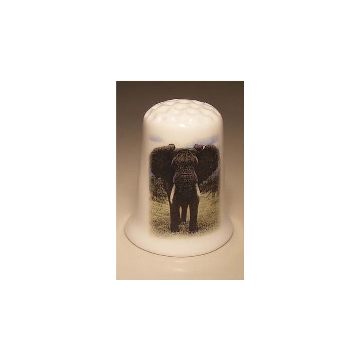 Olifant kijk je aan op een porselein vingerhoedje
