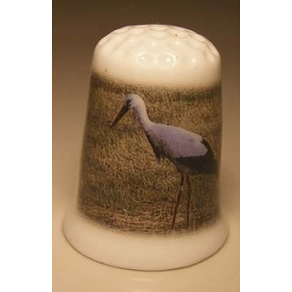 Ooievaar op het gras op een porselein vingerhoedje