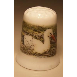 Ooievaar zittend op het gras op een porselein vingerhoedje