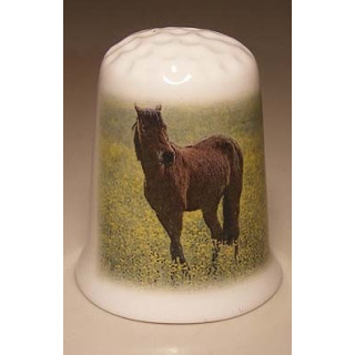 Paard in de wei op een porselein vingerhoedje