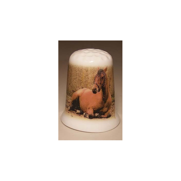 Paard ligt op de grond op een porselein vingerhoedje