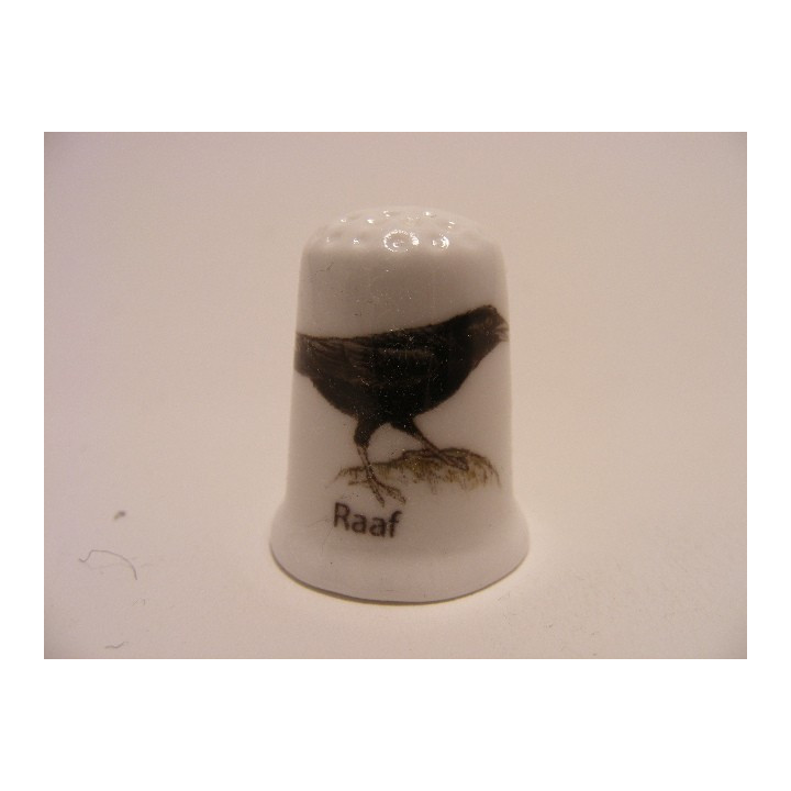 Raaf zangvogel Corvus corax op een porselein vingerhoedje