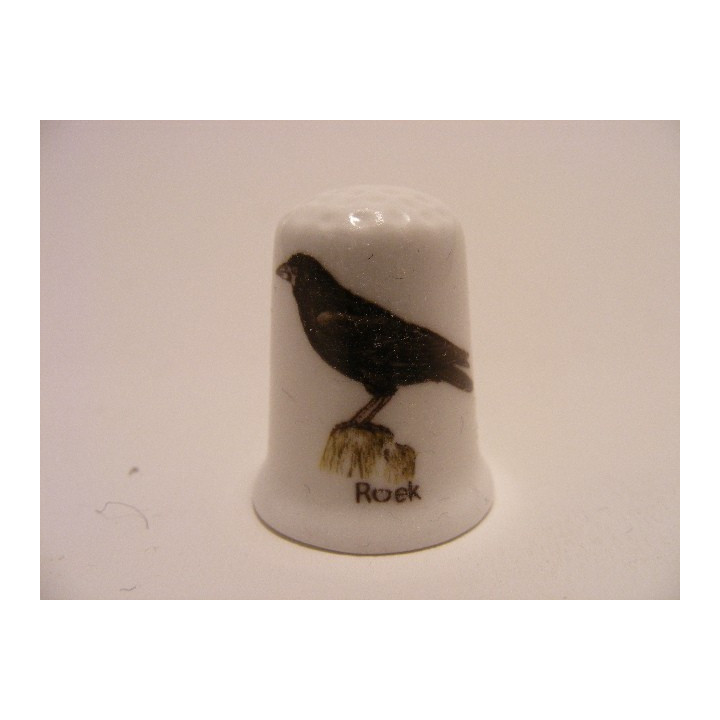 Roek zangvogel Corvus frugilegus op een porselein vingerhoedje