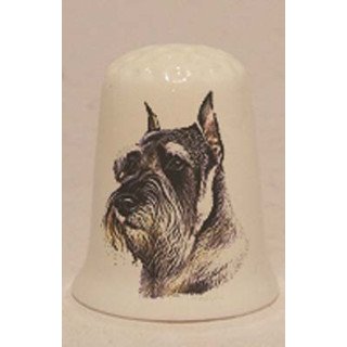 Schnauzer hond op een porselein vingerhoedje