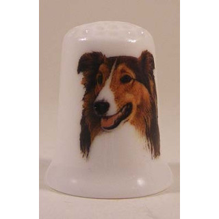 Shetland Sheepdog hond op een porselein vingerhoedje