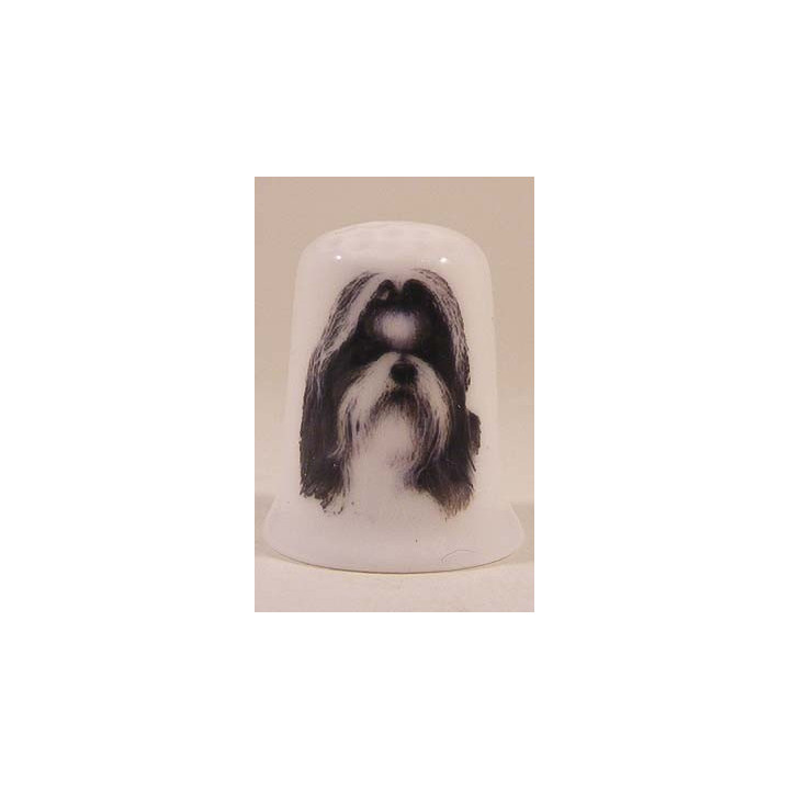 Shih Tzu hond op een porselein vingerhoedje