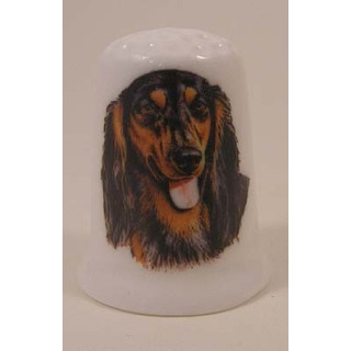 Teckel hond op een porselein vingerhoedje