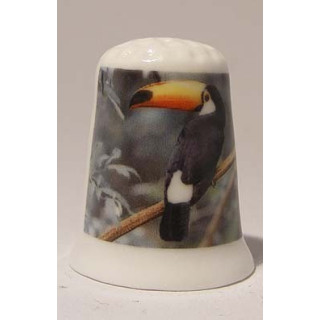 Toekan op tak op een porselein vingerhoedje