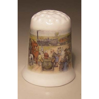 Trein en paard en wagen op een porselein vingerhoedje