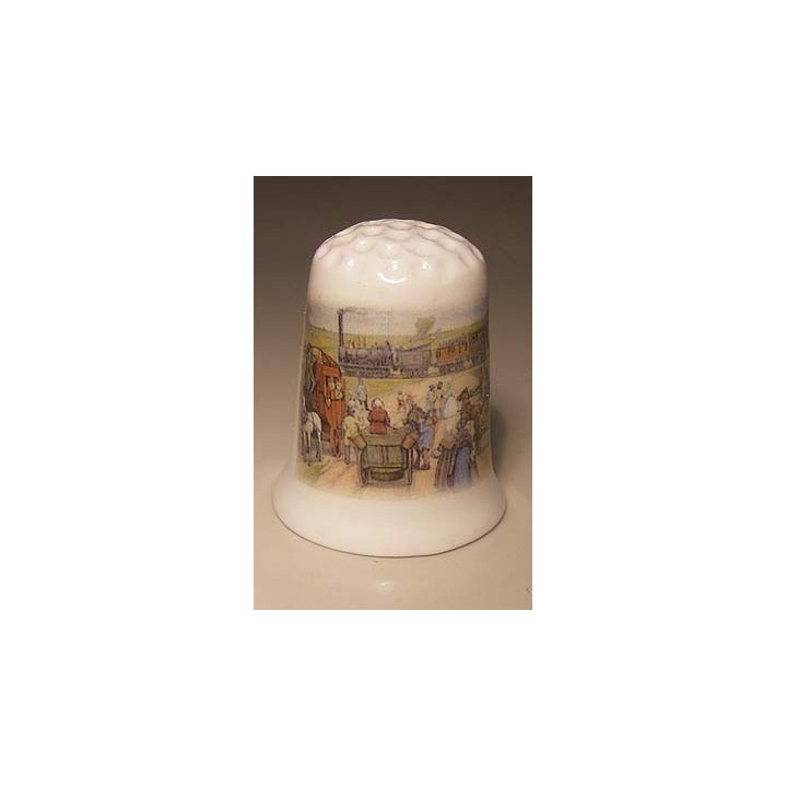 Trein en paard en wagen op een porselein vingerhoedje