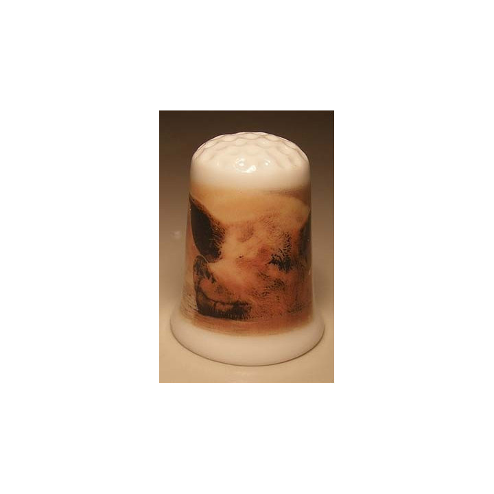 Varkens kop op een porselein vingerhoedje