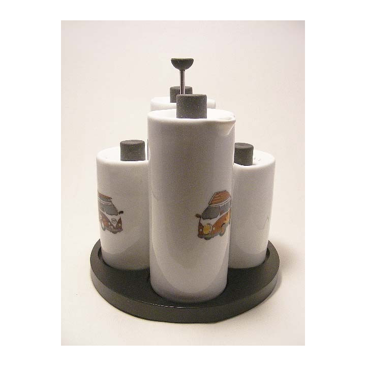 Peper en zout en azijn set van porselein met volkswagen bus