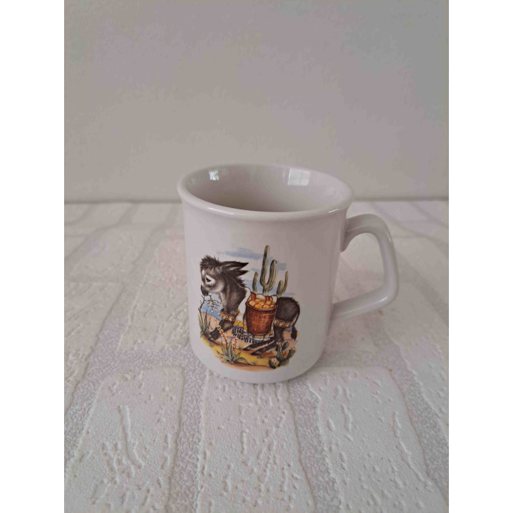 Beker mok met ezel en mandje, porselein D8xH10cm - handgemaakt