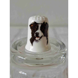Bordercollie hond op een porselein vingerhoedje
