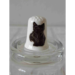 Schotse terrier hond op een porselein vingerhoedje