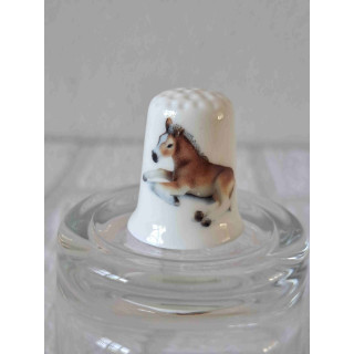 Veulen liggend op de grond op een porselein vingerhoedje