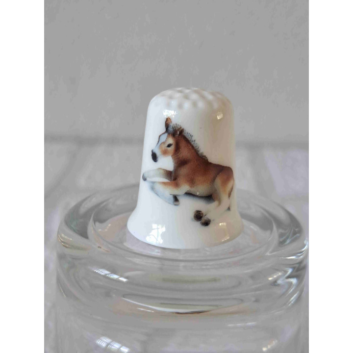 Veulen liggend op de grond op een porselein vingerhoedje