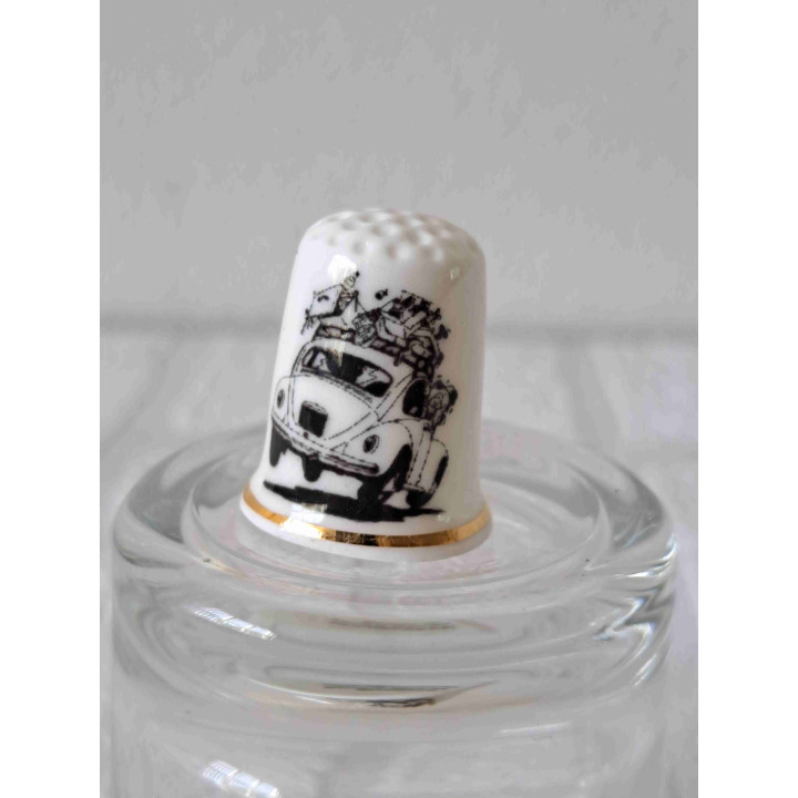 Volkswagen Beetle with Holiday Luggage, Porcelain Thimble with Gold Rim