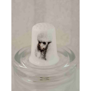 Franse poedel hond op een porselein vingerhoedje