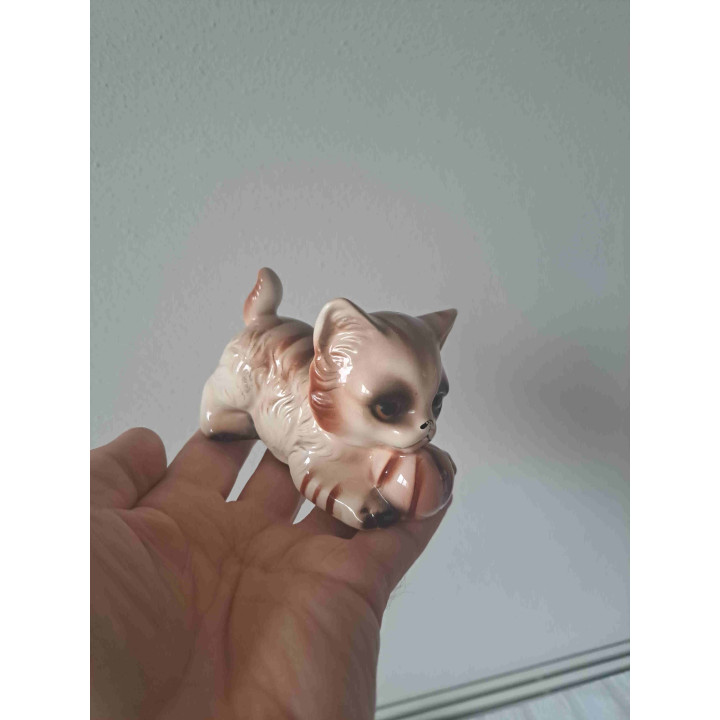 Poes van porselein speelt met strandbal
