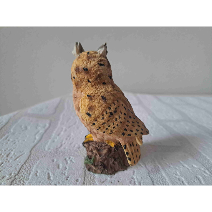 Uil met grote ogen staand op een boomstronk Uil met grote ogen staand op een boomstronk