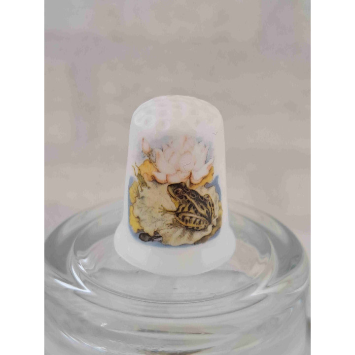 Kikker op een waterlelieblad op een porselein vingerhoedje