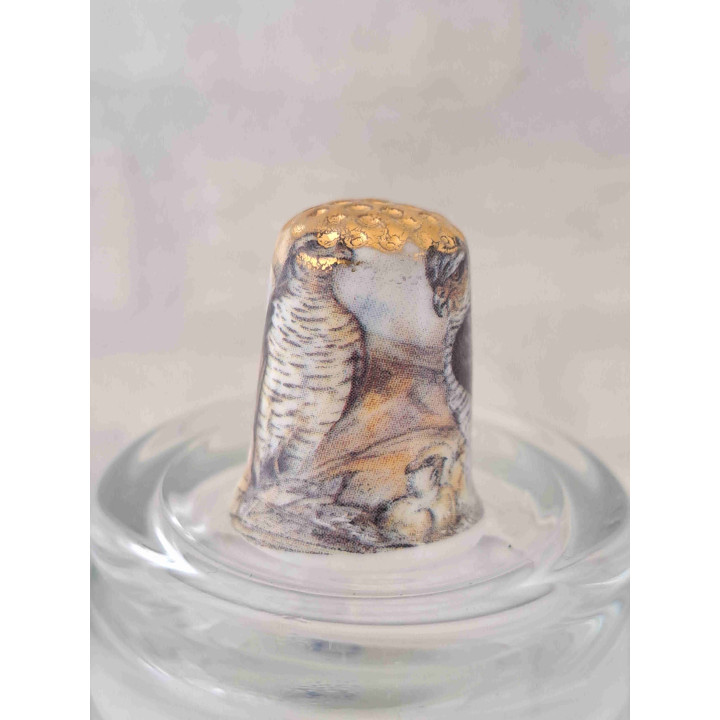 Twee roofvogels op een porselein vingerhoedje met goud top van Birchcroft