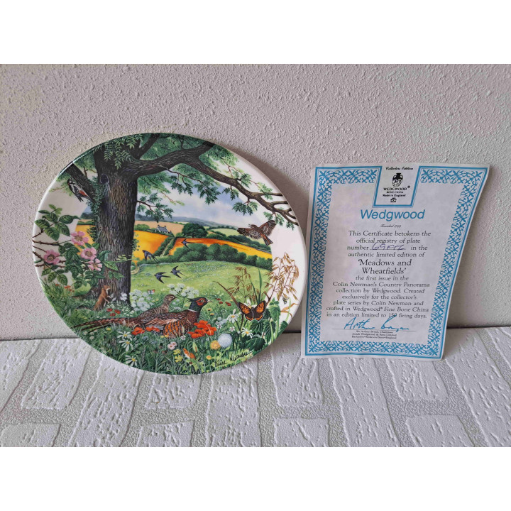 Weilanden en korenvelden met specht Fazanten zwaluw Wedgwood wandbord met certificaat