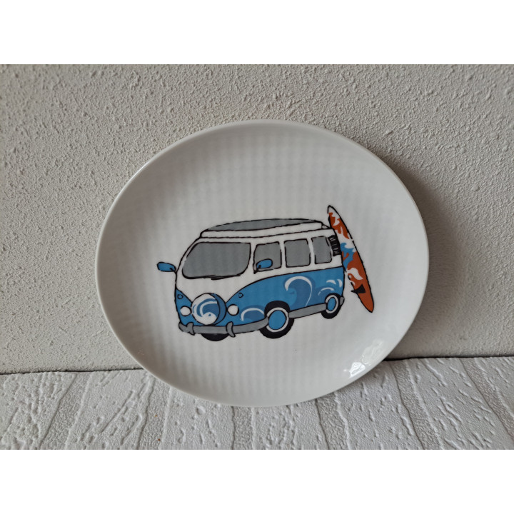 Ontbijtbord Volkswagen bus, surfplank, porselein D17x2cm bl- handgemaakt