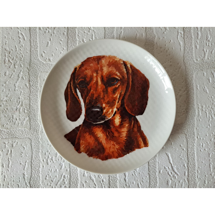 Ontbijtbord met Teckel hond tekening, porselein D17x2cm - handgemaakt