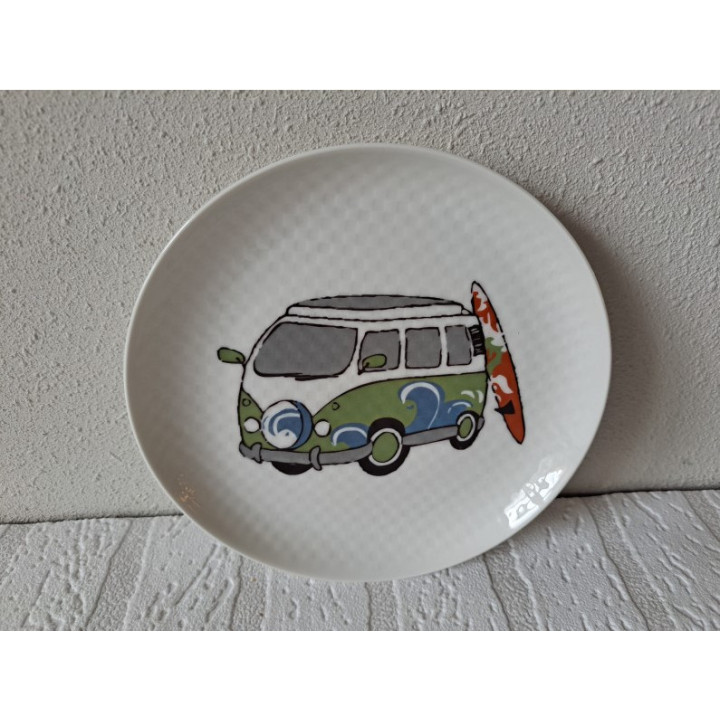 Ontbijtbord Volkswagen bus, surfplank, porselein D17x2cm gn - handgemaakt