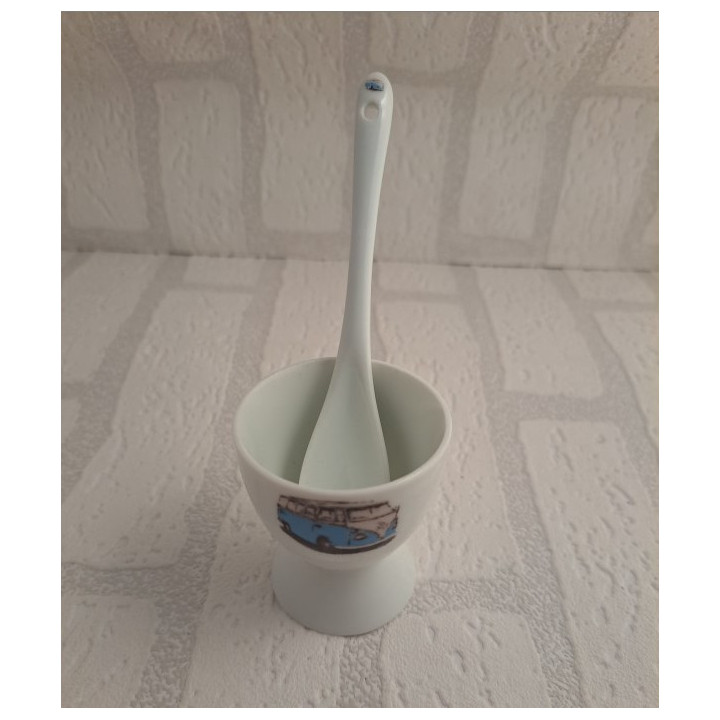 Eierdopje en lepeltje Volkswagen bus, porselein D5xH6cm bw - handgemaakt