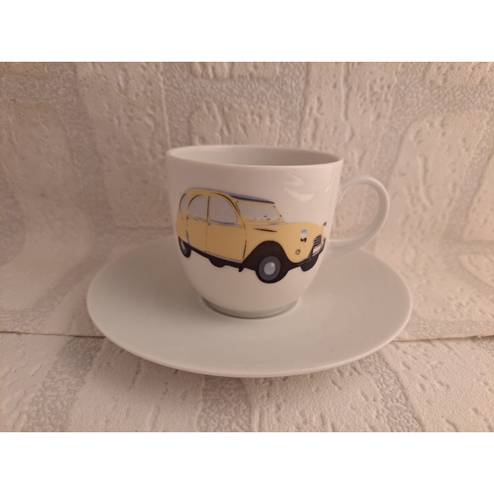 Gele Citroen 2CV afbeelding op en kop en schotel - handgemaakt